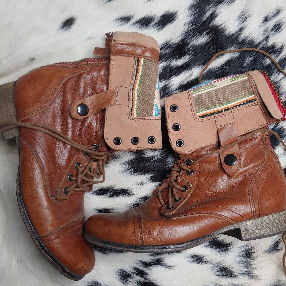 Steve Madden Back Zipper Serape Blanket Boots Ladies Size 7.5 - 8 Brown Leather